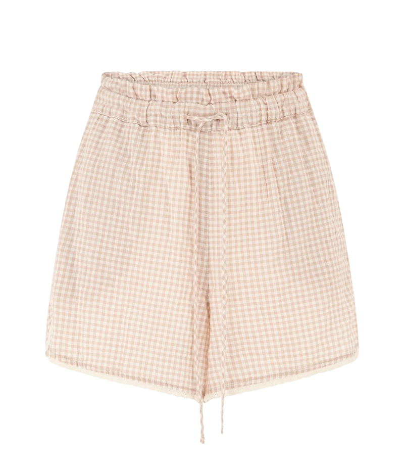 A pair of high-waisted, gingham-patterned shorts in a soft beige and white check, featuring an elastic waistband and a drawstring.