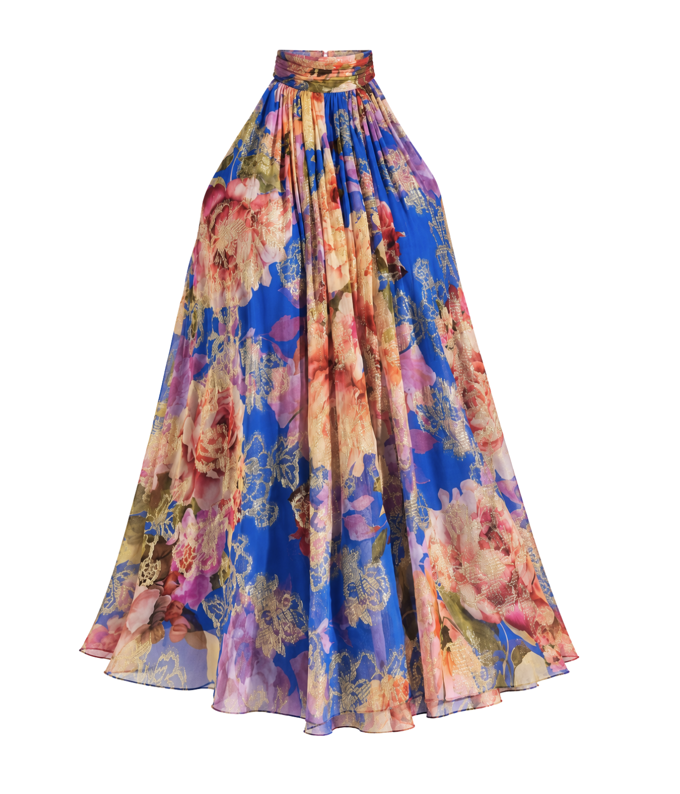 A high-waisted, full-length pleated skirt featuring a vibrant blue base with a large, multicolored floral print in shades of pink, orange, yellow, and purple, complete with a matching waistband.