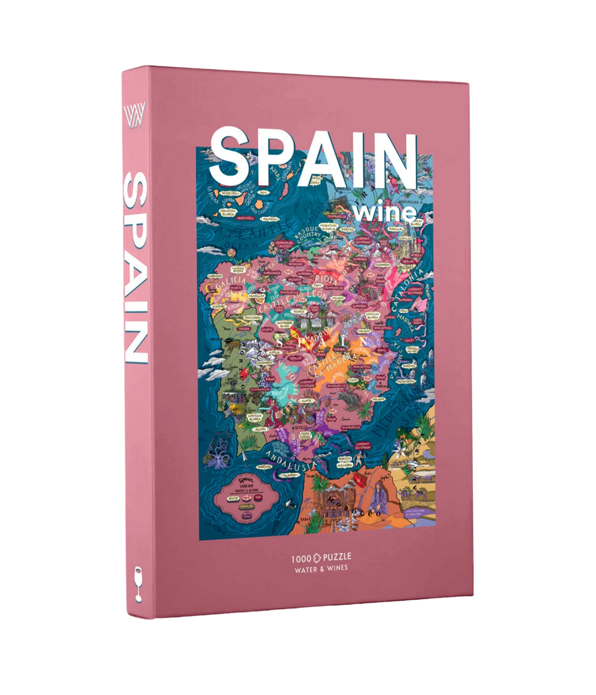 Water and Wines 1000 Piece Puzzle of Spain box standing upright, showing the dusty pink cover with SPAIN wine lettering, the hand-illustrated wine map and SPAIN printed down the spine
