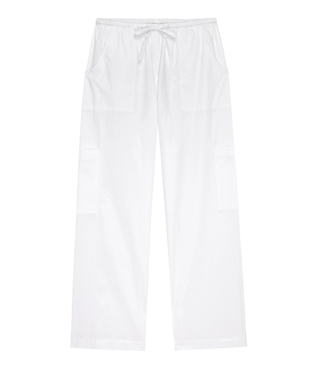 DONNI. The Pop Drawstring Cargo Pant in Powder laid flat, showing the elastic drawstring waist, front slant pockets and patch cargo pockets on both legs