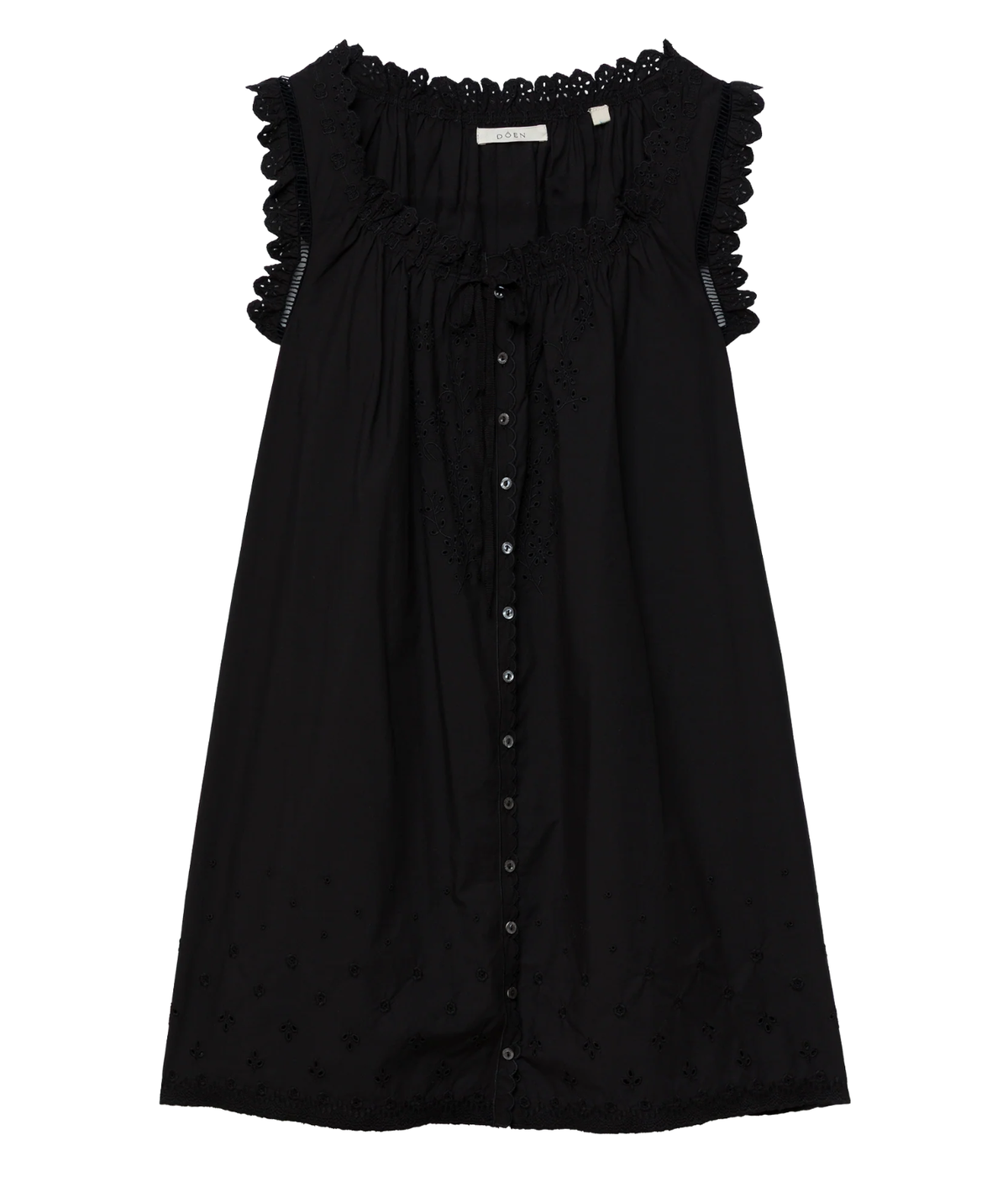 DÔEN Nessie Dress in Black laid flat, showing the ruffled armhole trims, eyelet lace neckline, front tie, button-through front and embroidered eyelet hem