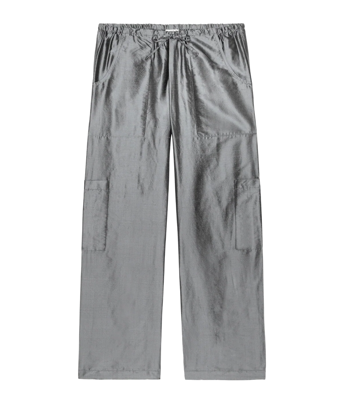 DONNI. The Silk Taffeta Cargo Pant in Pewter laid flat, showing the elasticated drawstring waist, curved front pockets and patch cargo pockets at the knees