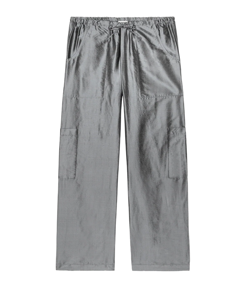DONNI. The Silk Taffeta Cargo Pant in Pewter laid flat, showing the elasticated drawstring waist, curved front pockets and patch cargo pockets at the knees