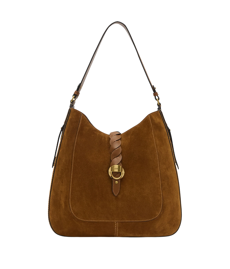 Isabel Marant Altay Hobo Day Bag in Cognac suede, shown front-on with a curved shoulder strap, contrast stitching and gold-tone hardware.