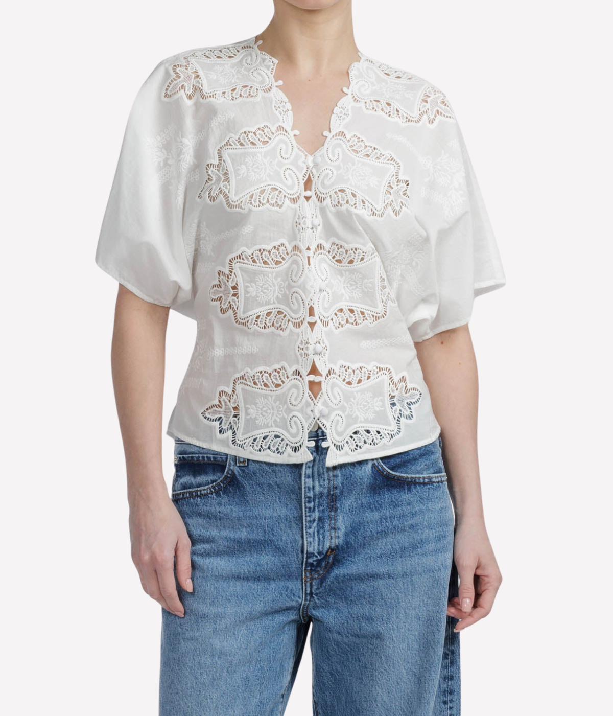 Front view of a model wearing the CISSA Femme Shirt in White Vintage with mid-blue jeans, showing the V-neckline, button front, lace inserts and wide short sleeves