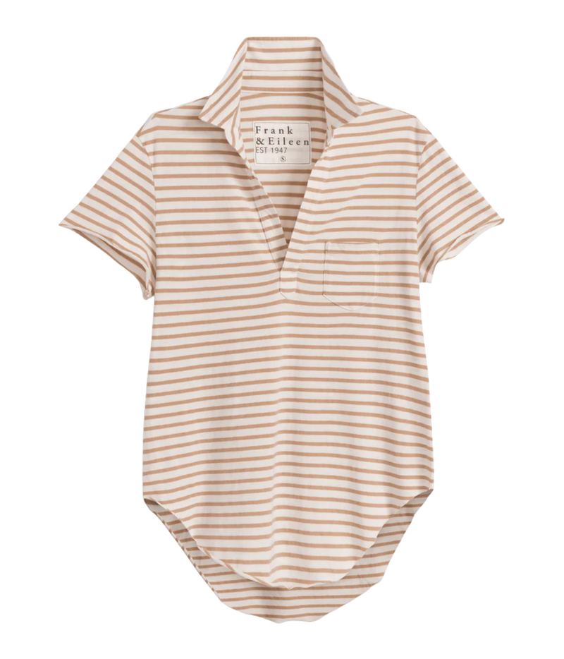 A short-sleeve collared knit top with thin horizontal beige stripes on a white background, featuring a partial button placket and a chest pocket. The neck label reads 'Frank & Eileen'.