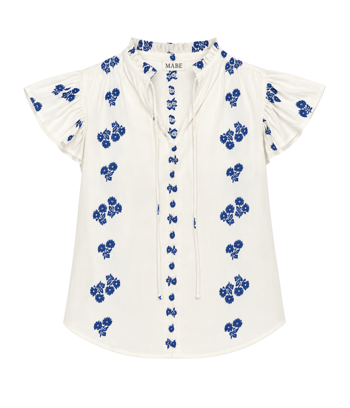 M.A.B.E Iris Woven Frill Short Sleeve Top in Blue – flat lay