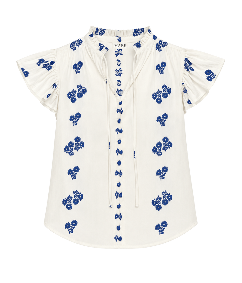 M.A.B.E Iris Woven Frill Short Sleeve Top in Blue – flat lay