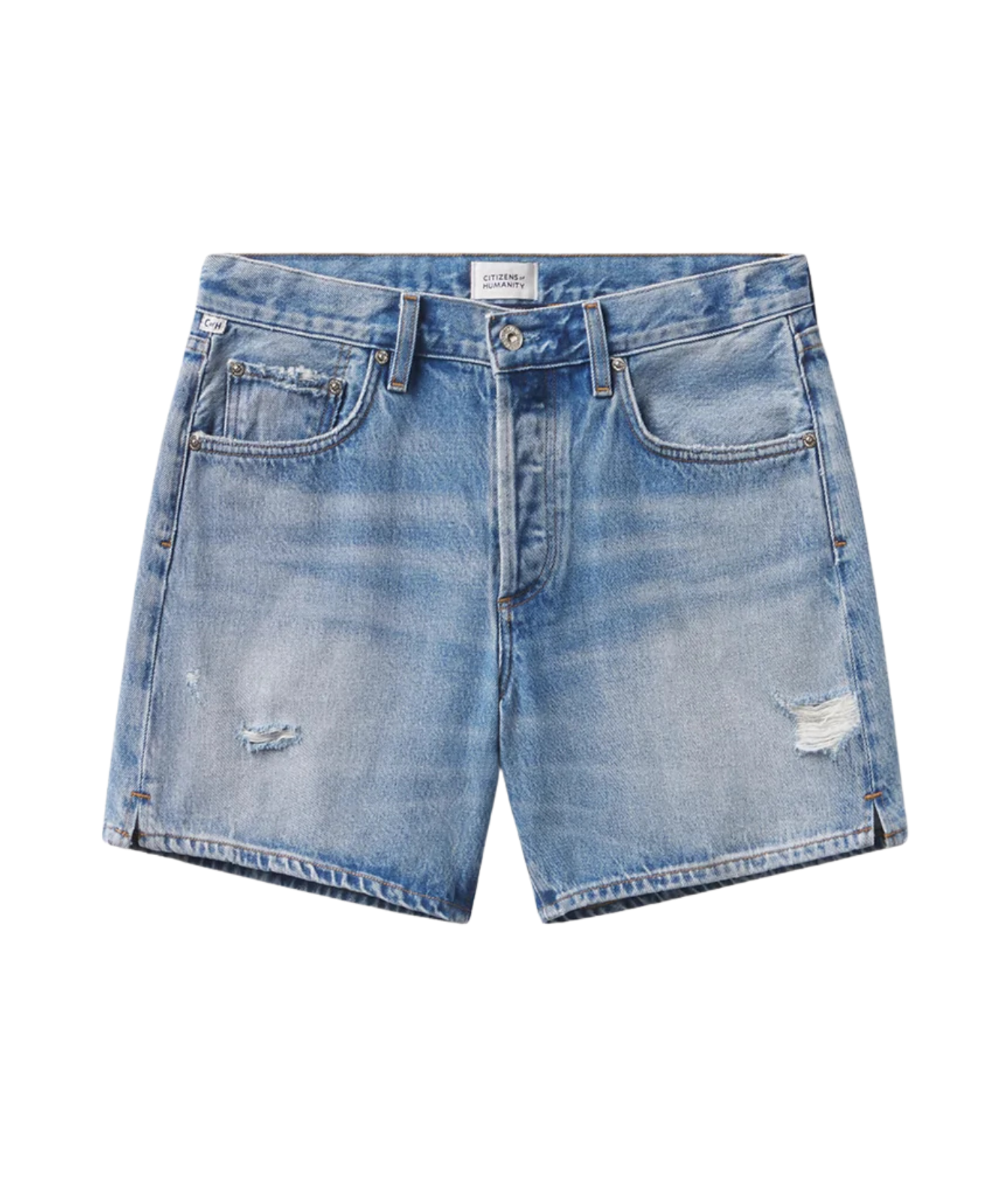 Light wash blue denim shorts with a distressed, faded finish, featuring front pockets and subtle rips on the thighs, shown flat on a white background.