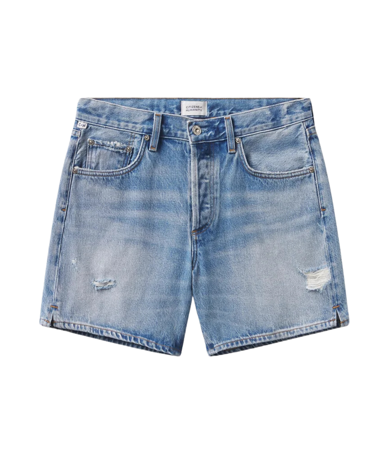 Light wash blue denim shorts with a distressed, faded finish, featuring front pockets and subtle rips on the thighs, shown flat on a white background.