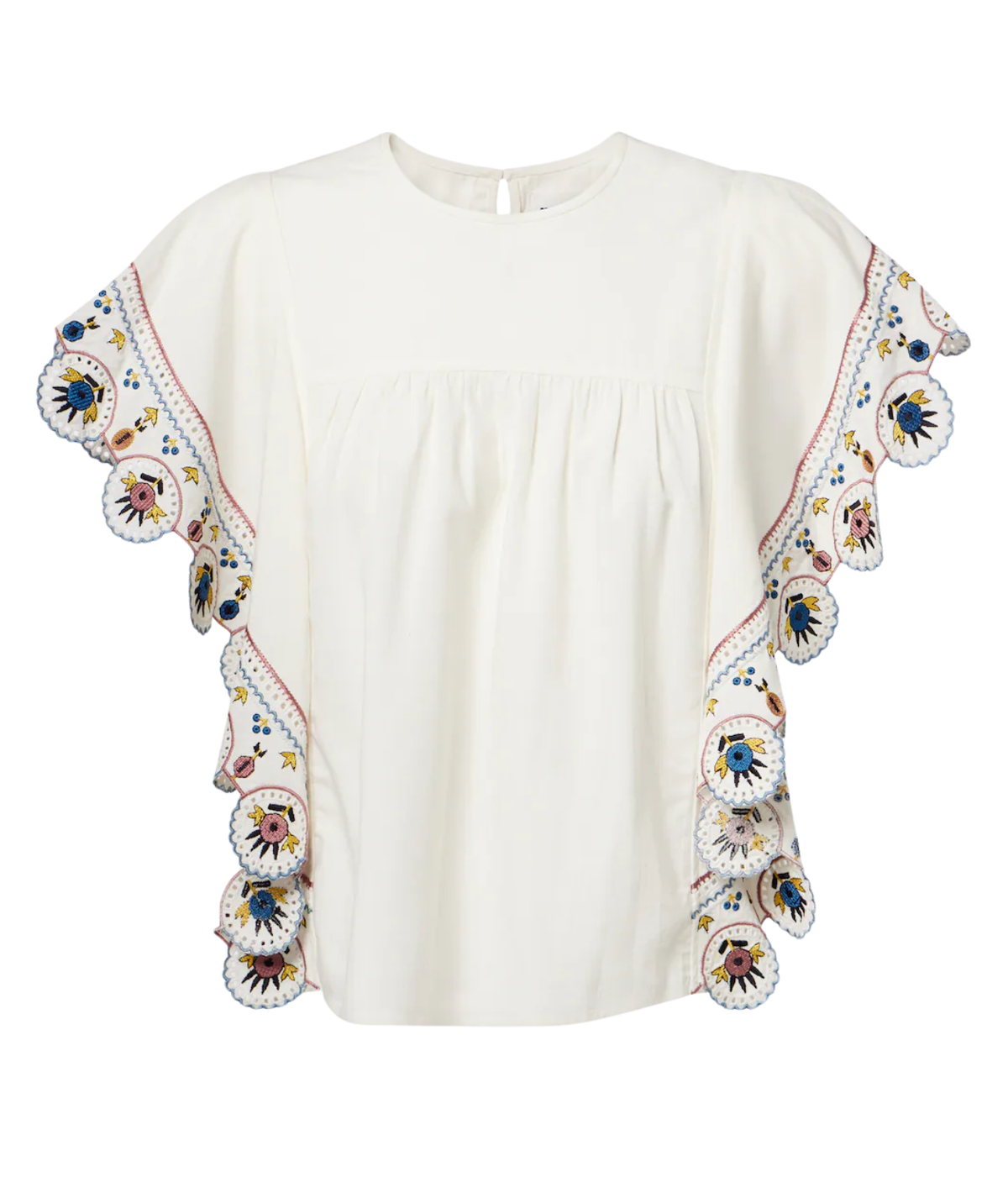 Isabel Marant Marlie Top in Ecru, front product view highlighting the gathered detailing and embroidered ruffled sleeves.