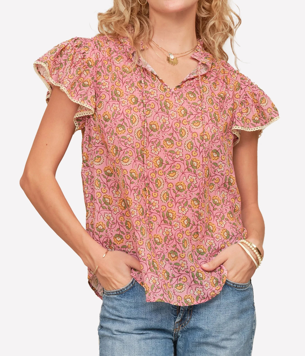 Model wearing the M.A.B.E Ceci Print Short Sleeve Top in Pink – front view