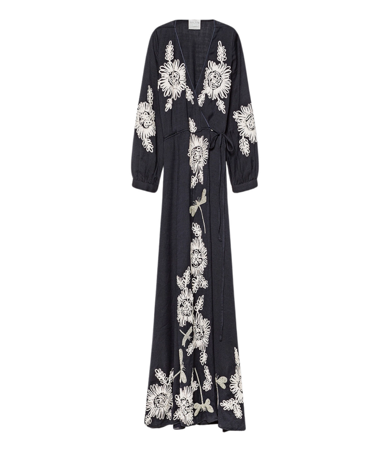 Voila' une fleur" embroidery wool gauze dress in notte