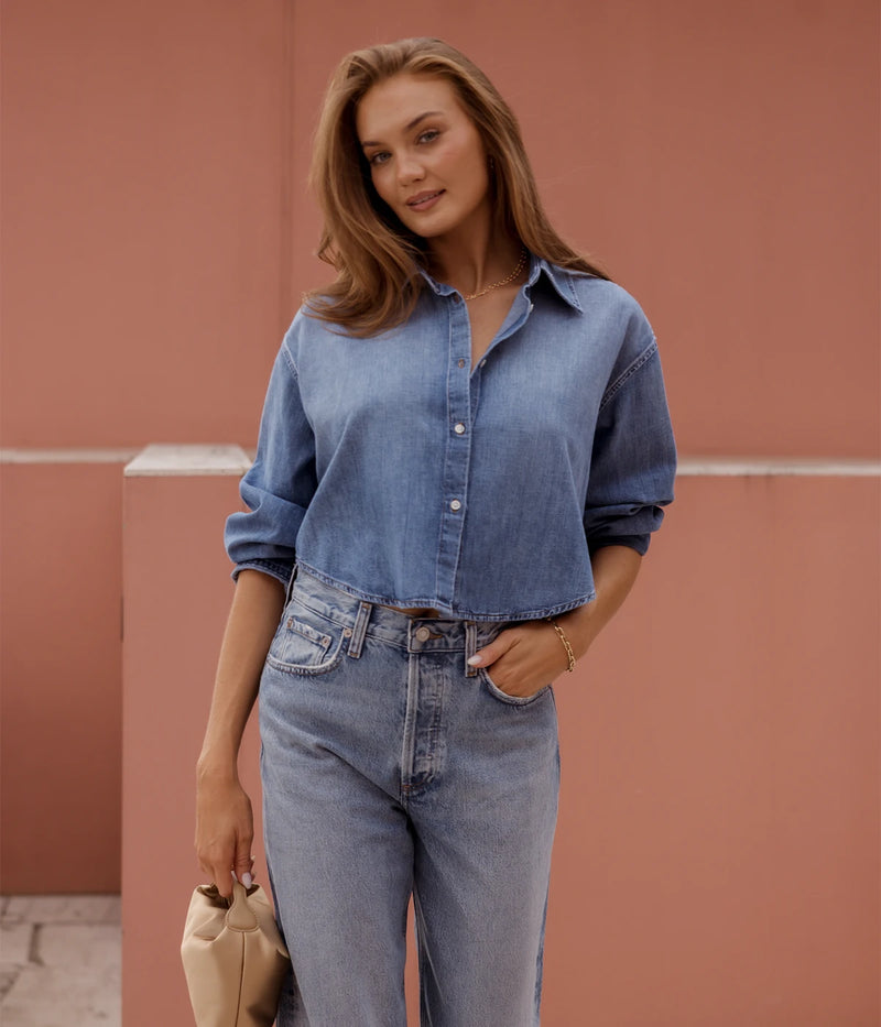 Citizens of Humanity Ana Cropped Shirt in Somerset worn on model, cropped button-down shirt styled in a relaxed everyday look