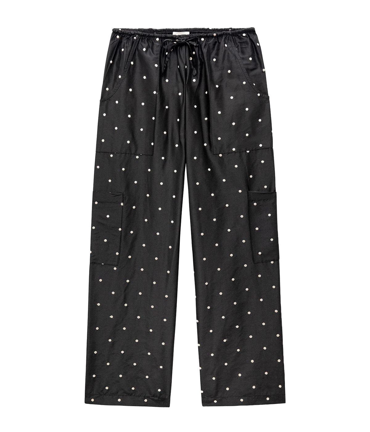Black cargo pants with a white polka dot pattern, featuring an elastic drawstring waist, side cargo pockets, and a relaxed straight-leg fit, shown flat on a white background.