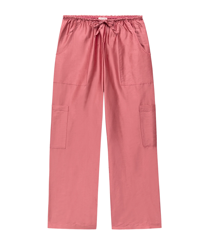 A pair of dusty rose pink scrub pants featuring an elastic drawstring waist, side pockets, and large cargo-style pockets on the lower legs, shown flat against a solid white background.