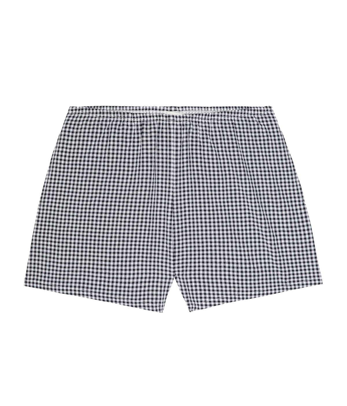 Black and white gingham check boxer shorts on a solid white background.