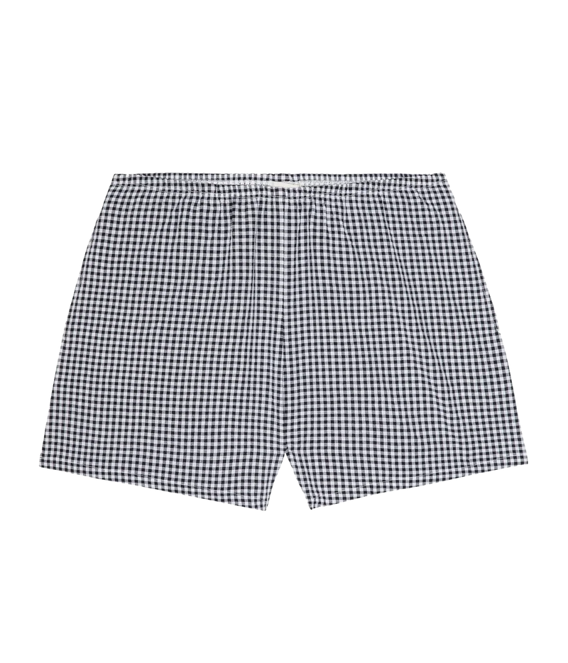 DONNI. The Cotton Gingham Tap Short in JET - product flat lay