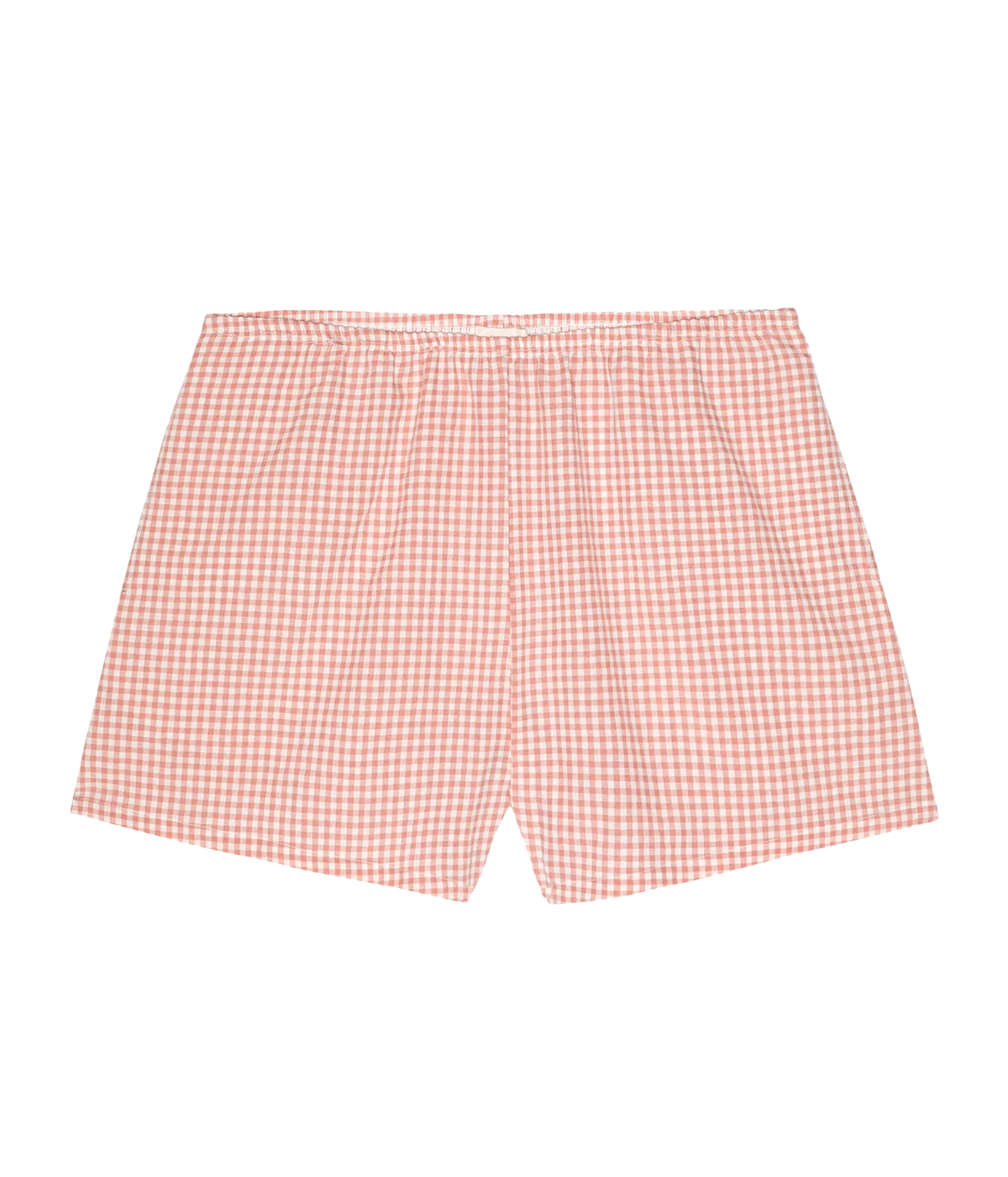 A pair of shorts featuring a red and white gingham checkered pattern, displayed flat against a solid white background.