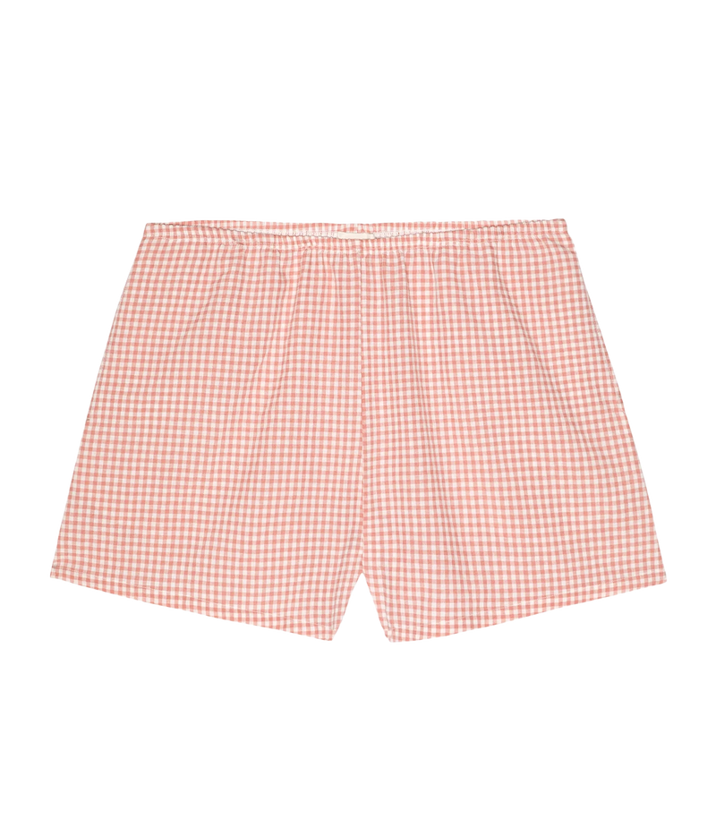 A pair of shorts featuring a red and white gingham checkered pattern, displayed flat against a solid white background.