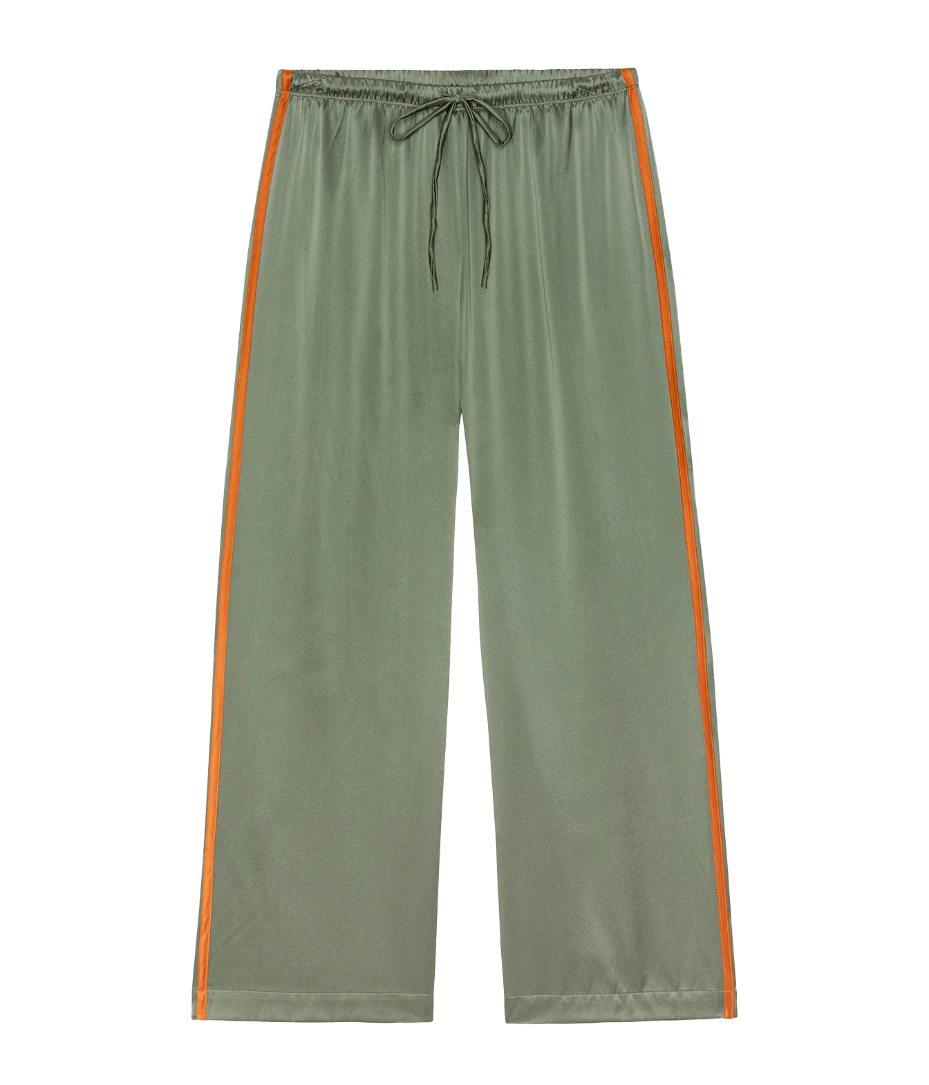 A pair of wide-leg lounge pants in sage green with bright orange side stripes and a matching sage green drawstring, shown flat against a white background.