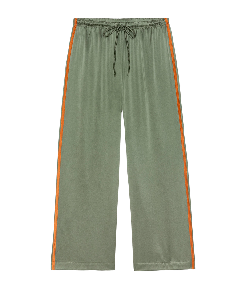 A pair of wide-leg lounge pants in sage green with bright orange side stripes and a matching sage green drawstring, shown flat against a white background.