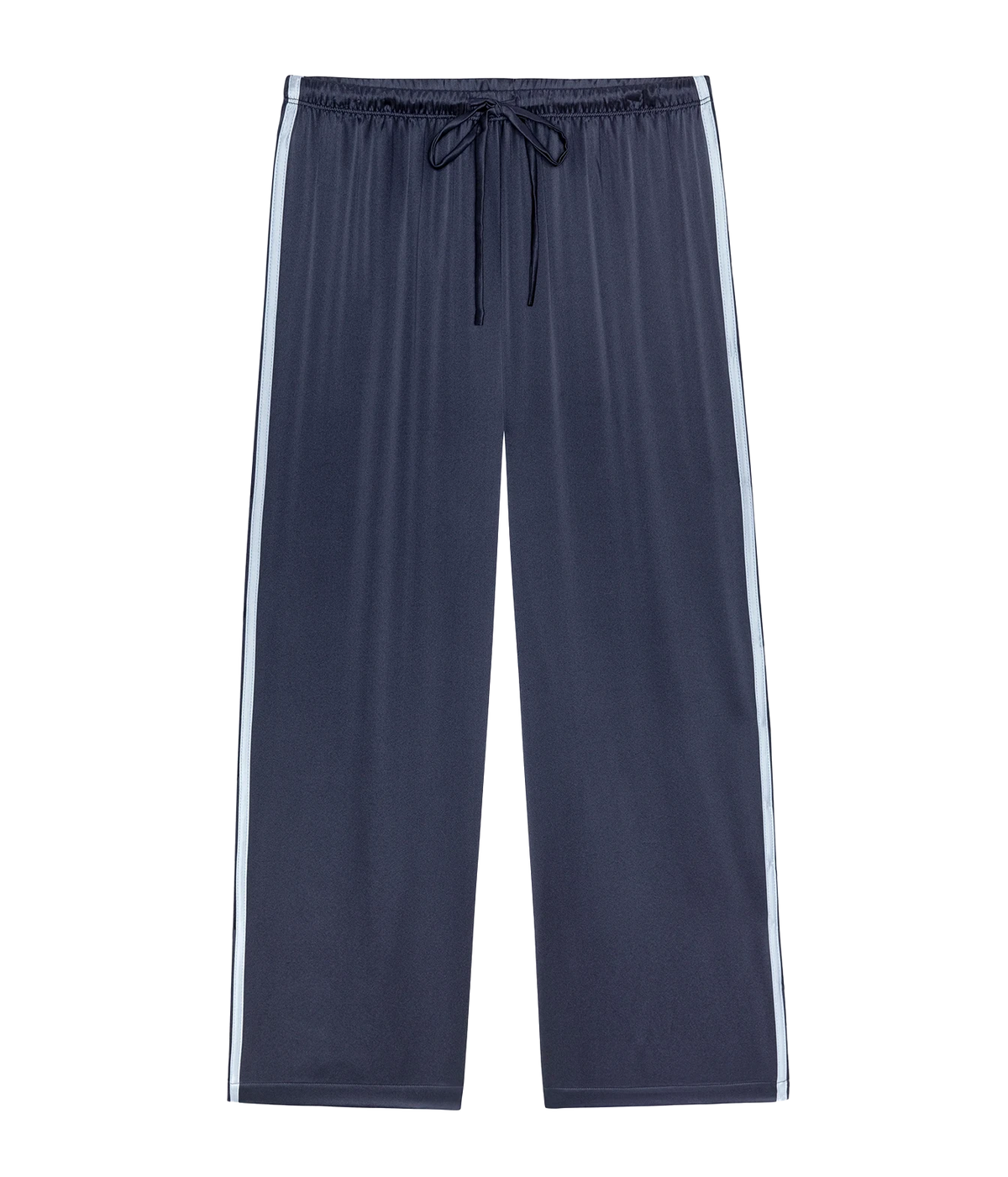 DONNI Silk Stripe Crop Pant in Navy Cloud, flatlay front view showing drawstring waist and contrast stripe