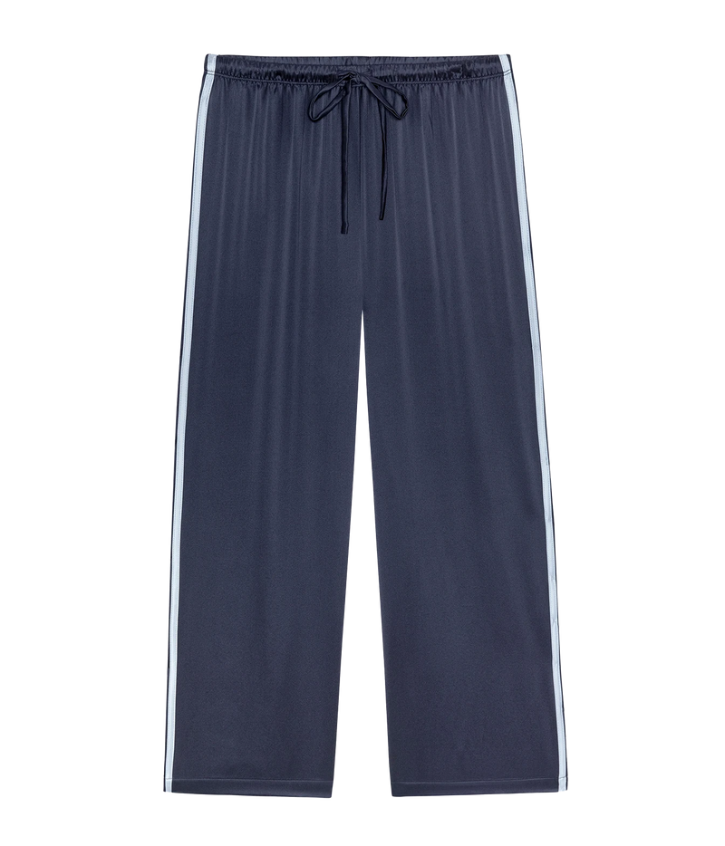 DONNI Silk Stripe Crop Pant in Navy Cloud, flatlay front view showing drawstring waist and contrast stripe