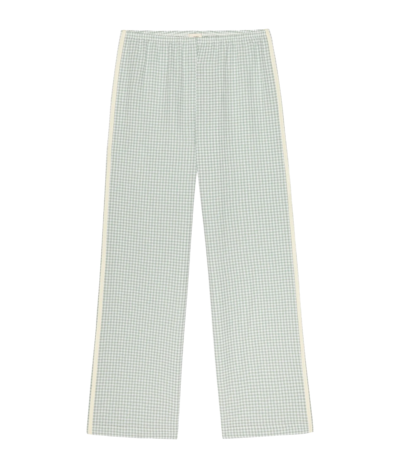 A pair of wide-leg trousers featuring a light sage green and white gingham check pattern with a contrasting cream-colored side stripe running down the outer leg.