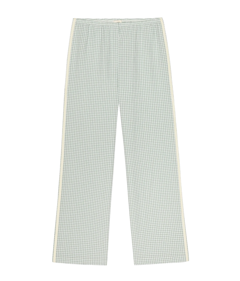 A pair of wide-leg trousers featuring a light sage green and white gingham check pattern with a contrasting cream-colored side stripe running down the outer leg.