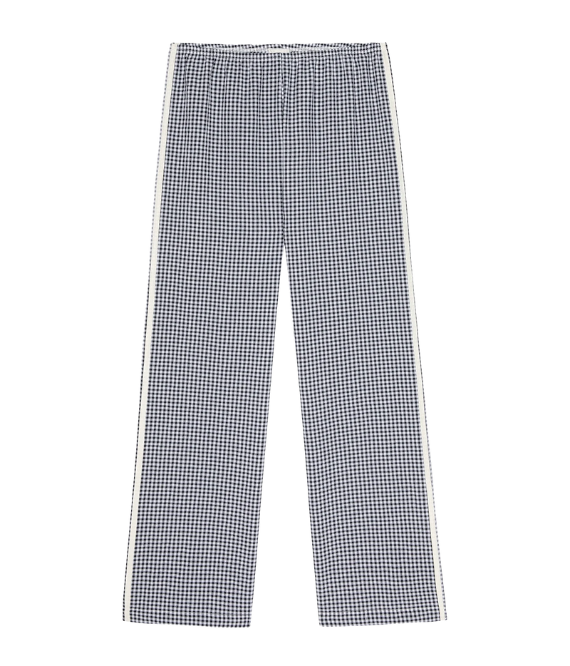 Black and white houndstooth patterned pants with white side stripes, shown flat against a white background.