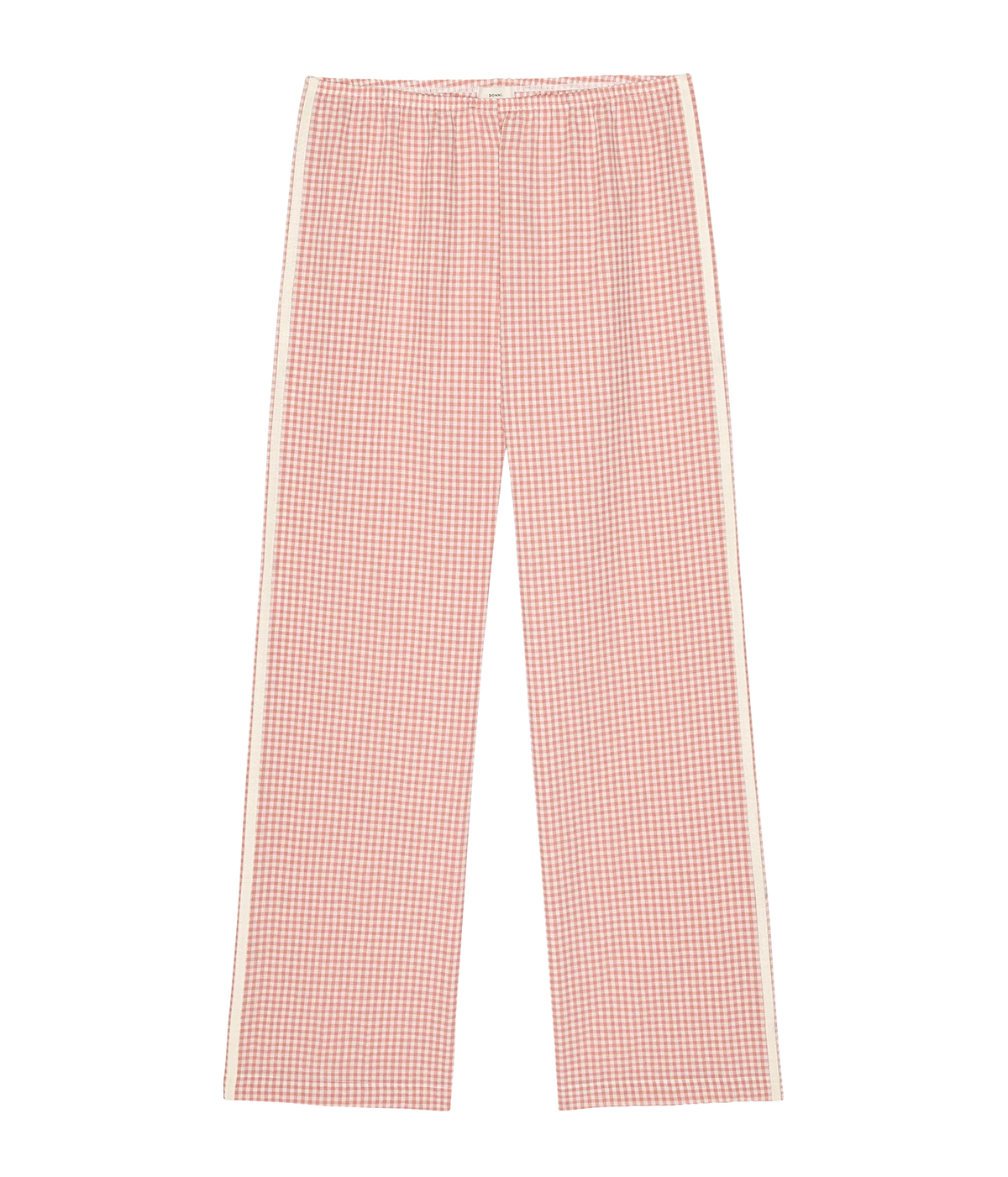 A pair of cropped trousers featuring a red and white gingham check pattern with a contrasting beige stripe running down the outer side of each leg.