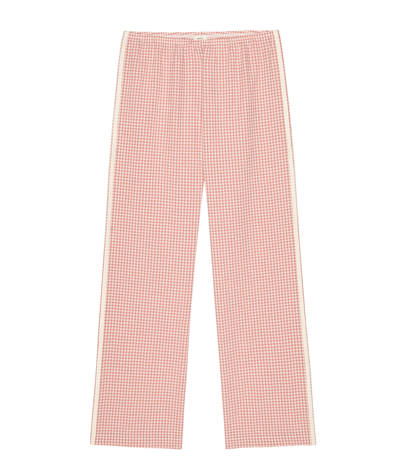 A pair of cropped trousers featuring a red and white gingham check pattern with a contrasting beige stripe running down the outer side of each leg.
