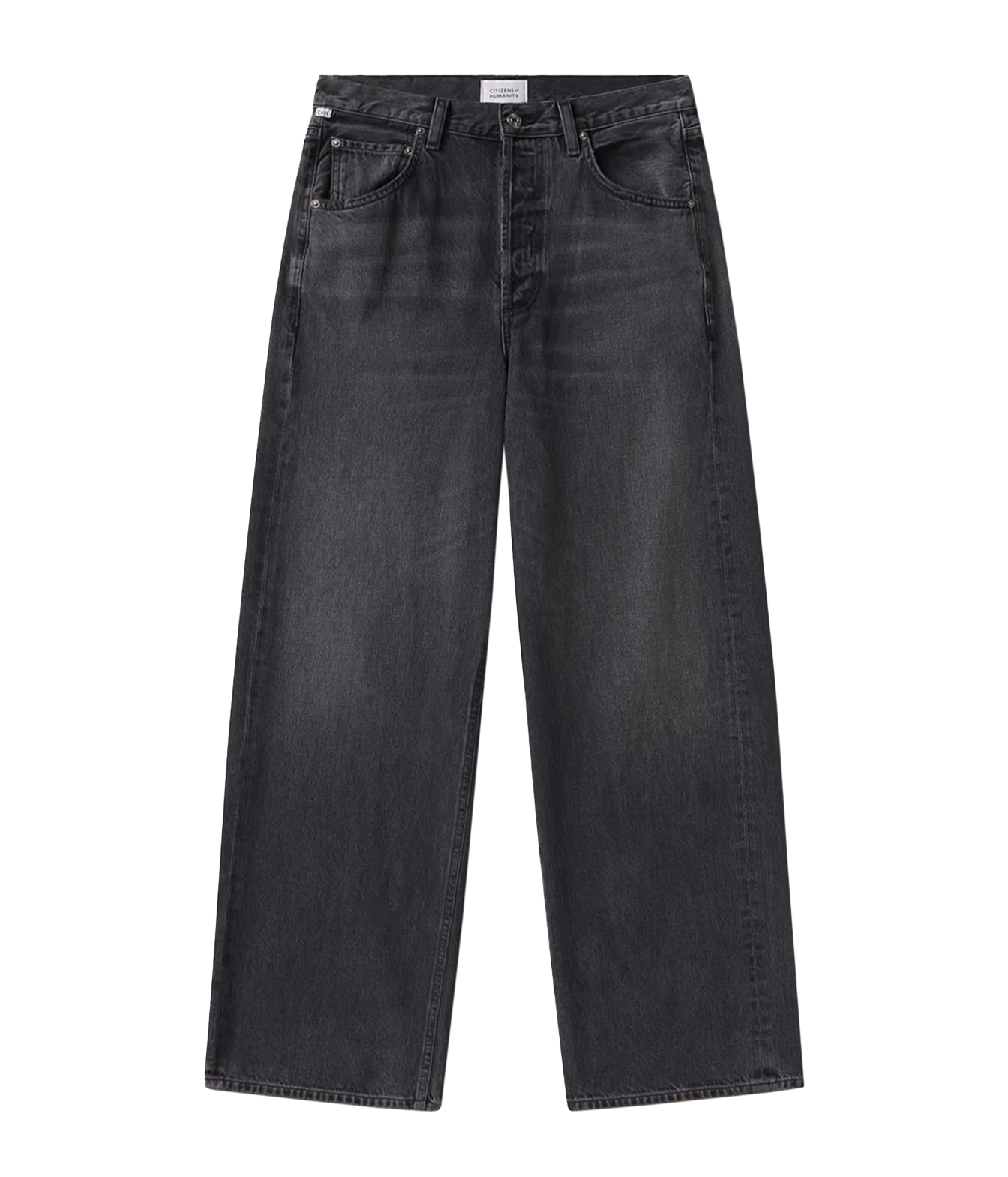 A pair of dark gray washed denim jeans with a straight-leg fit, shown flat against a solid white background.