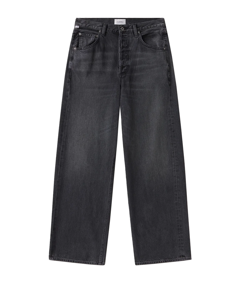 A pair of dark gray washed denim jeans with a straight-leg fit, shown flat against a solid white background.