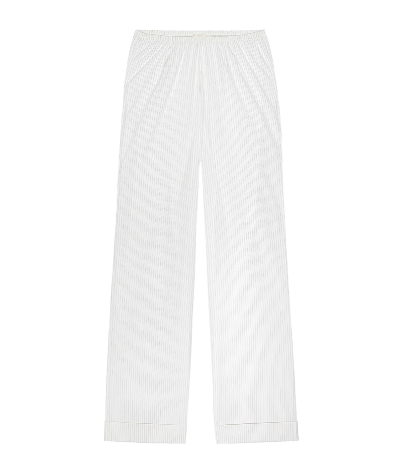 White pinstriped lounge pants with an elastic waistband and cuffed hems, shown flat against a white background.