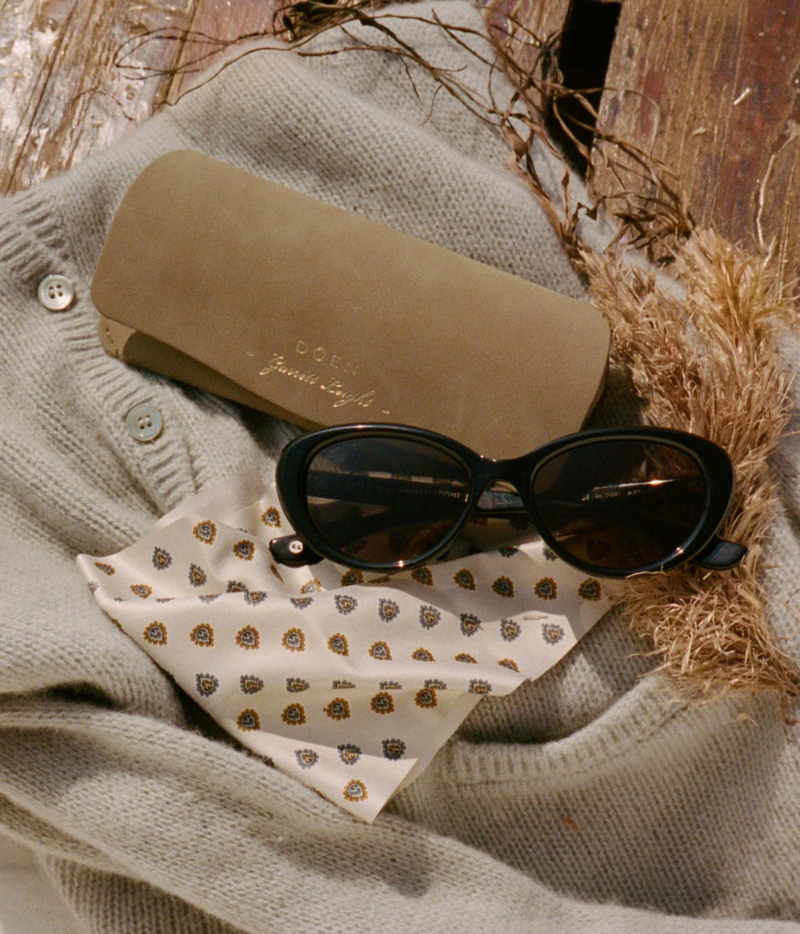 A pair of black cat-eye sunglasses with dark lenses