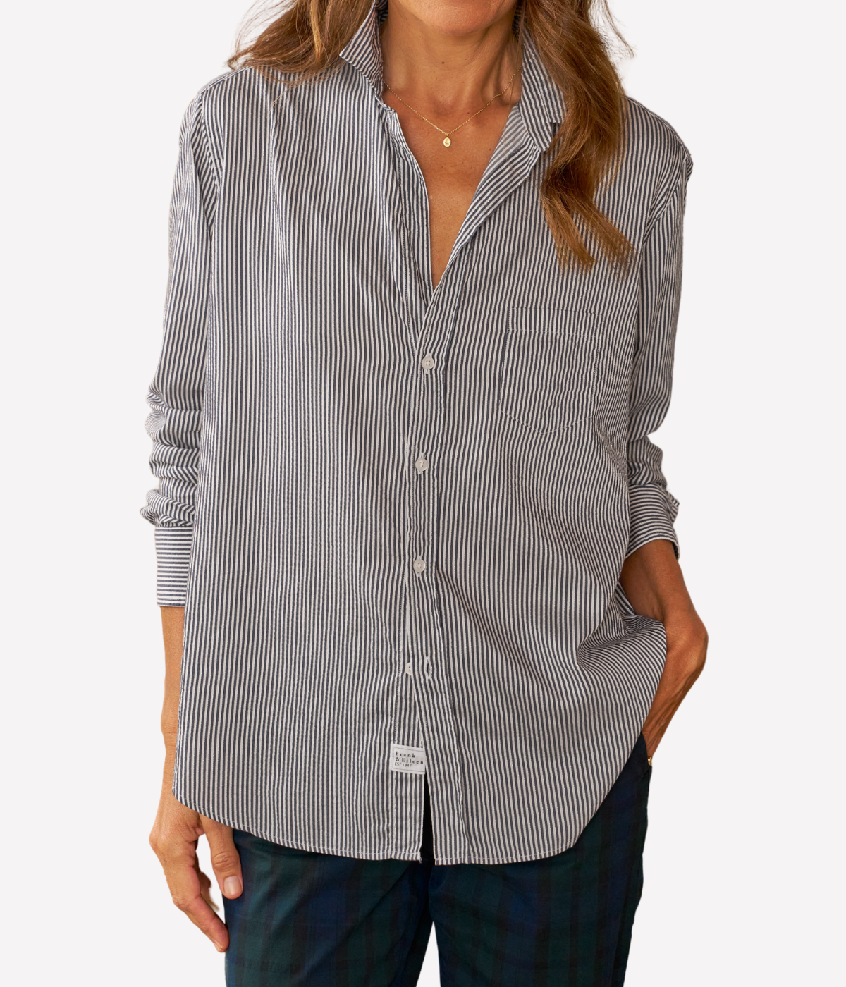 Eileen Woven Button Up in Blue_White_Silver Stripe