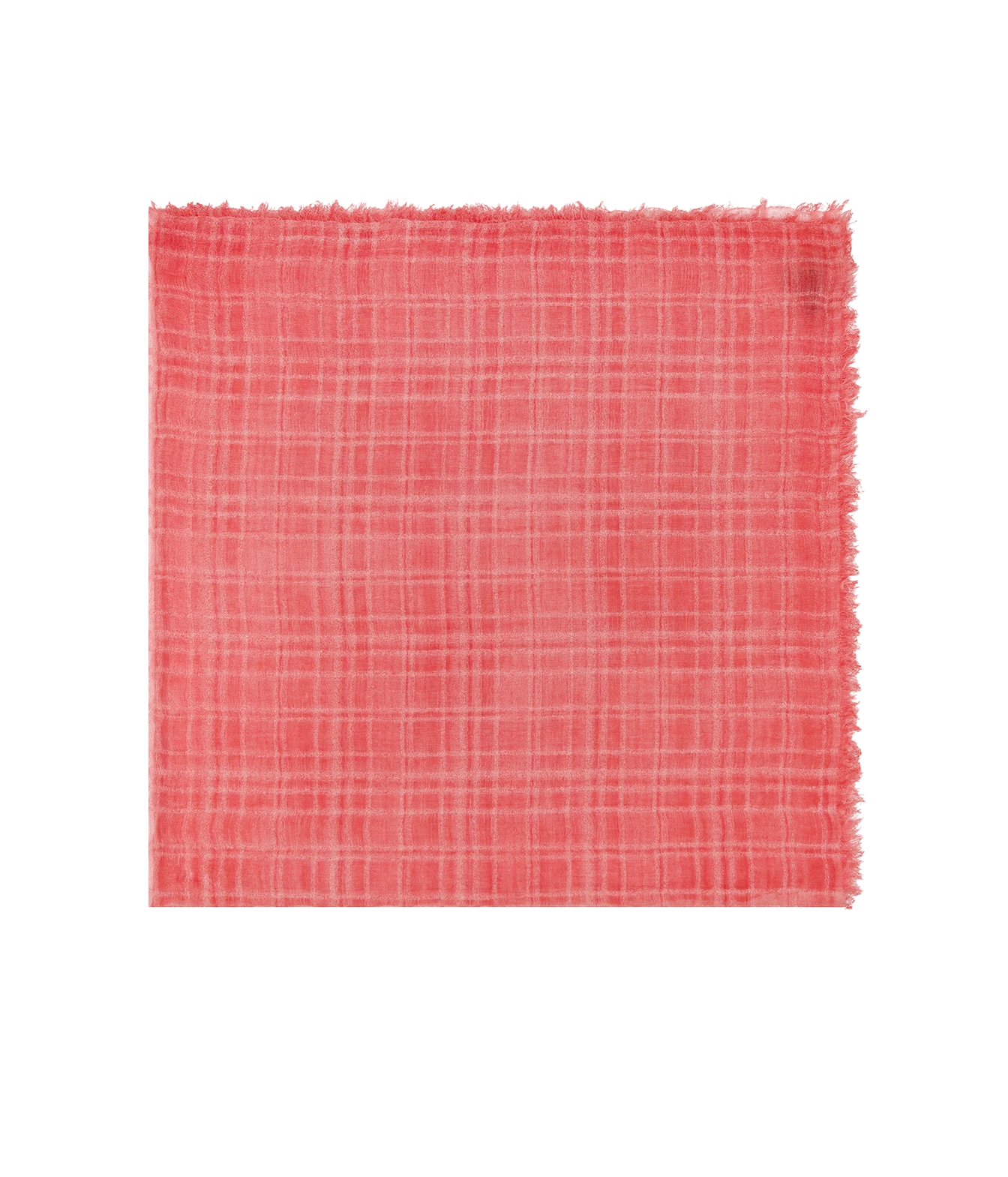A square piece of coral pink woven fabric with a subtle plaid pattern and frayed edges, displayed flat against a solid white background.