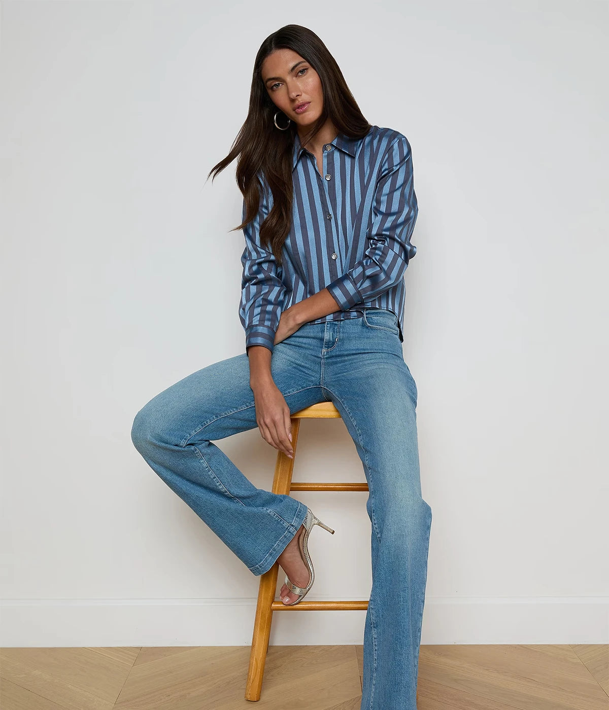 Cosette Crop Hi Low Shirt In Blue Multi Stripe