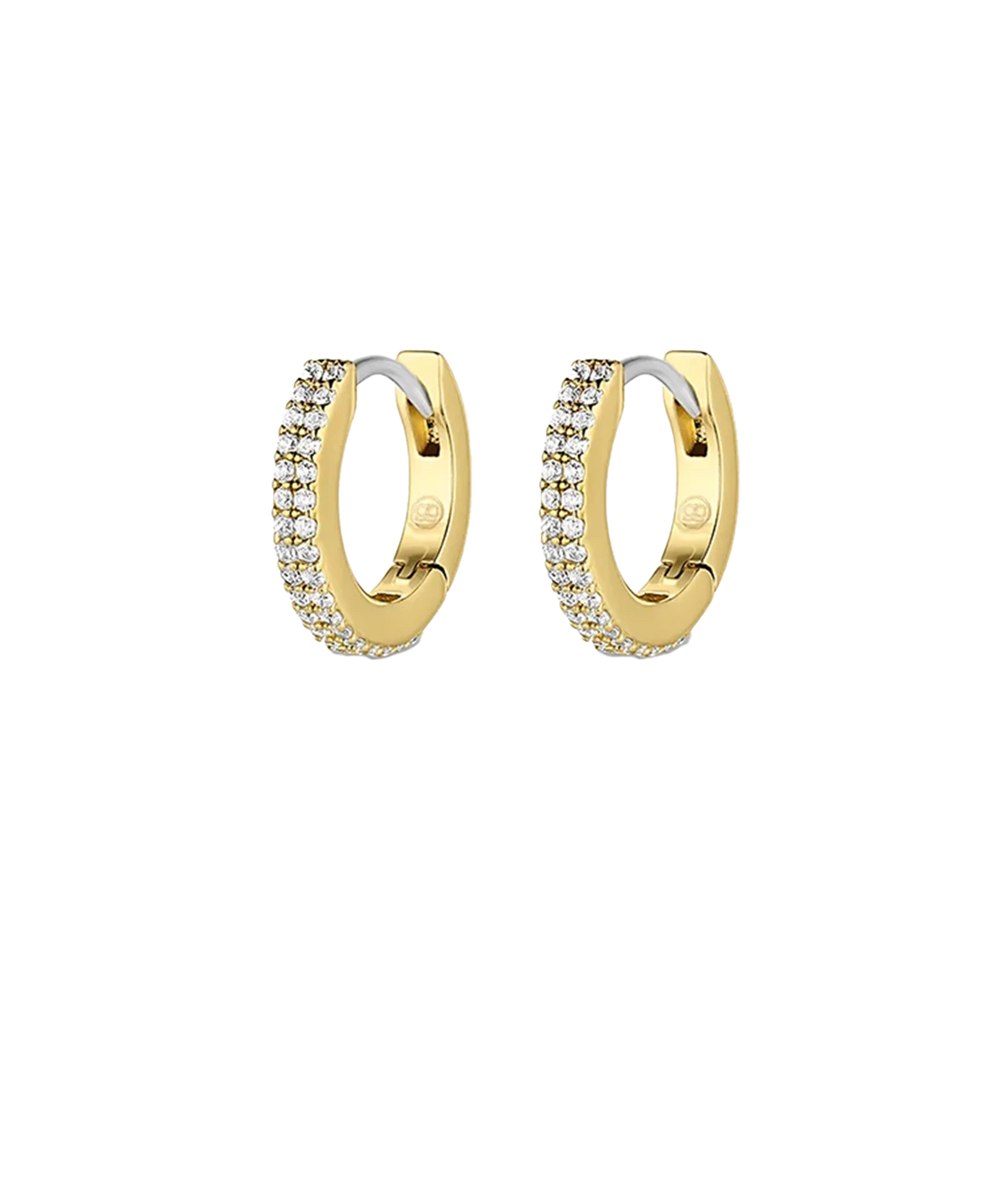 Pair of Gorjana Wilder Shimmer Bar Huggies in Yellow Gold shown from the front, displaying the row of white cubic zirconia stones set along each hoop