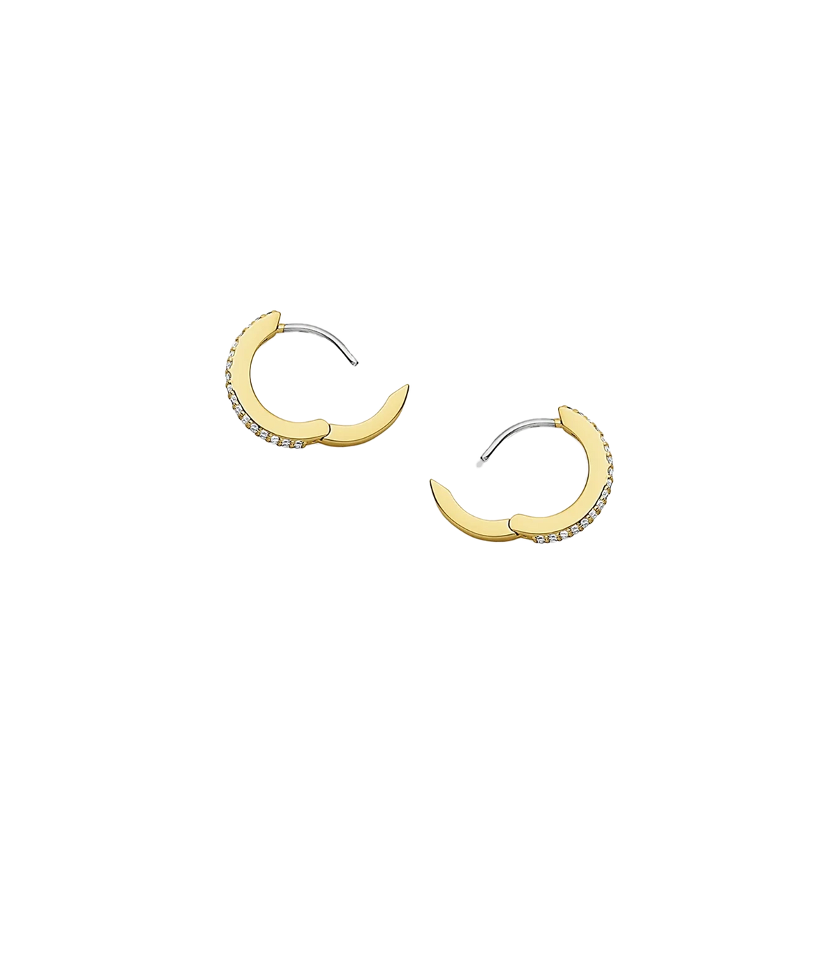 Gorjana Wilder Shimmer Bar Huggies in Yellow Gold laid flat with the hinges open, showing the side profile and hinged closure