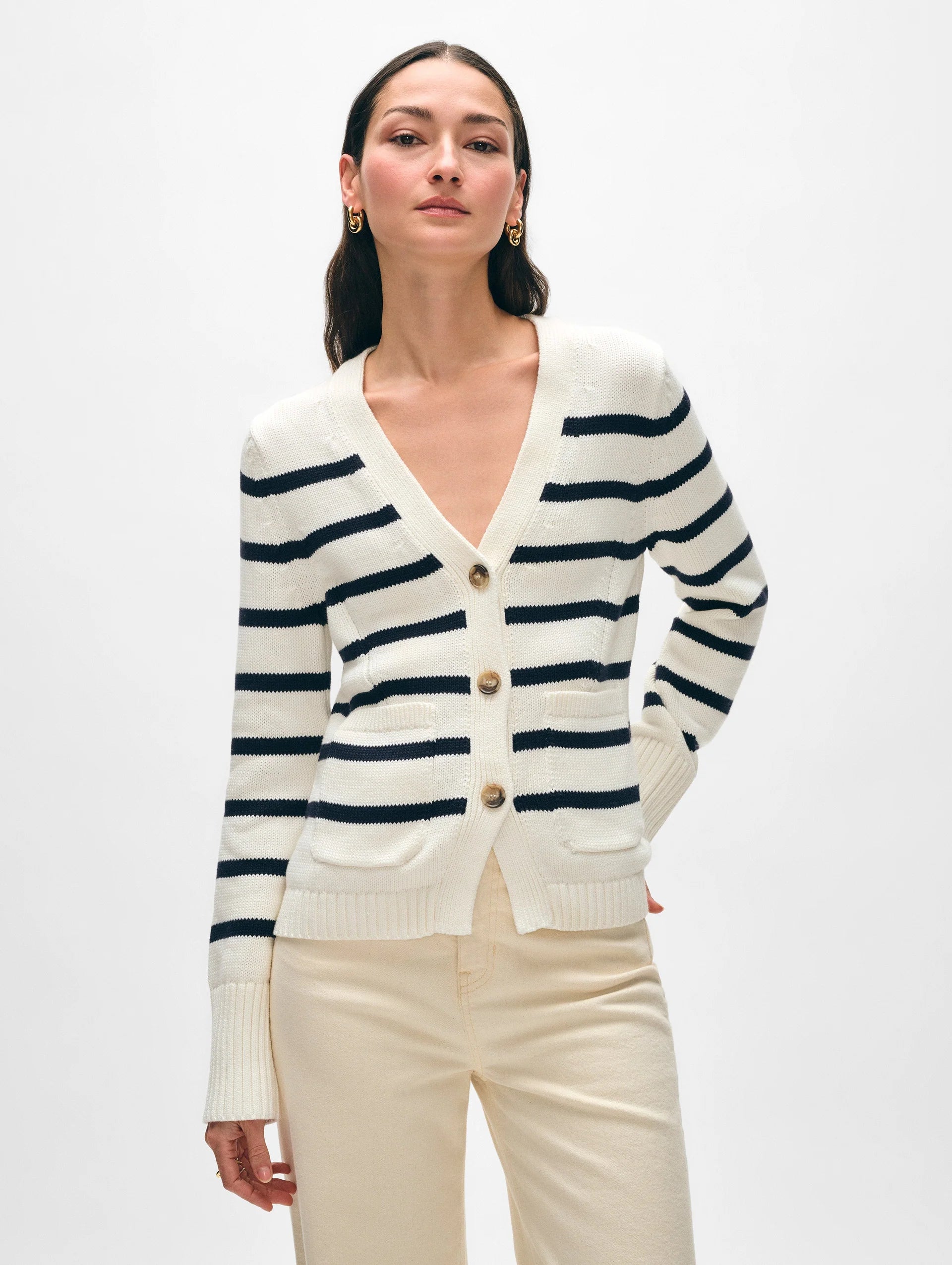 Waist Pocket Cardigan in Ivory & Navy