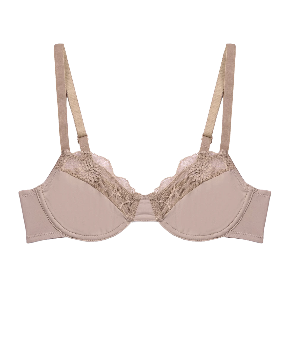 A beige underwire bra with floral lace detailing on the cups - Anemone Underwire Bra In Nude