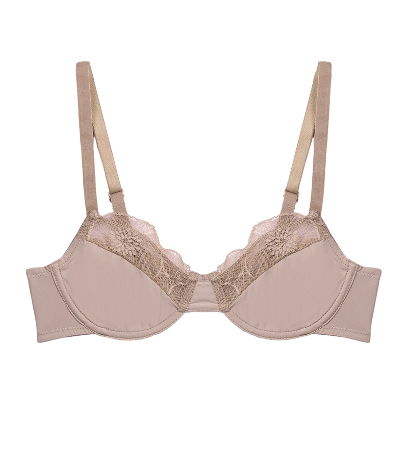 A beige underwire bra with floral lace detailing on the cups - Anemone Underwire Bra In Nude