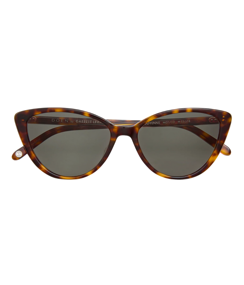 A pair of classic cat-eye sunglasses with a dark brown and amber tortoiseshell frame and dark gray lenses, shown against a plain white background.
