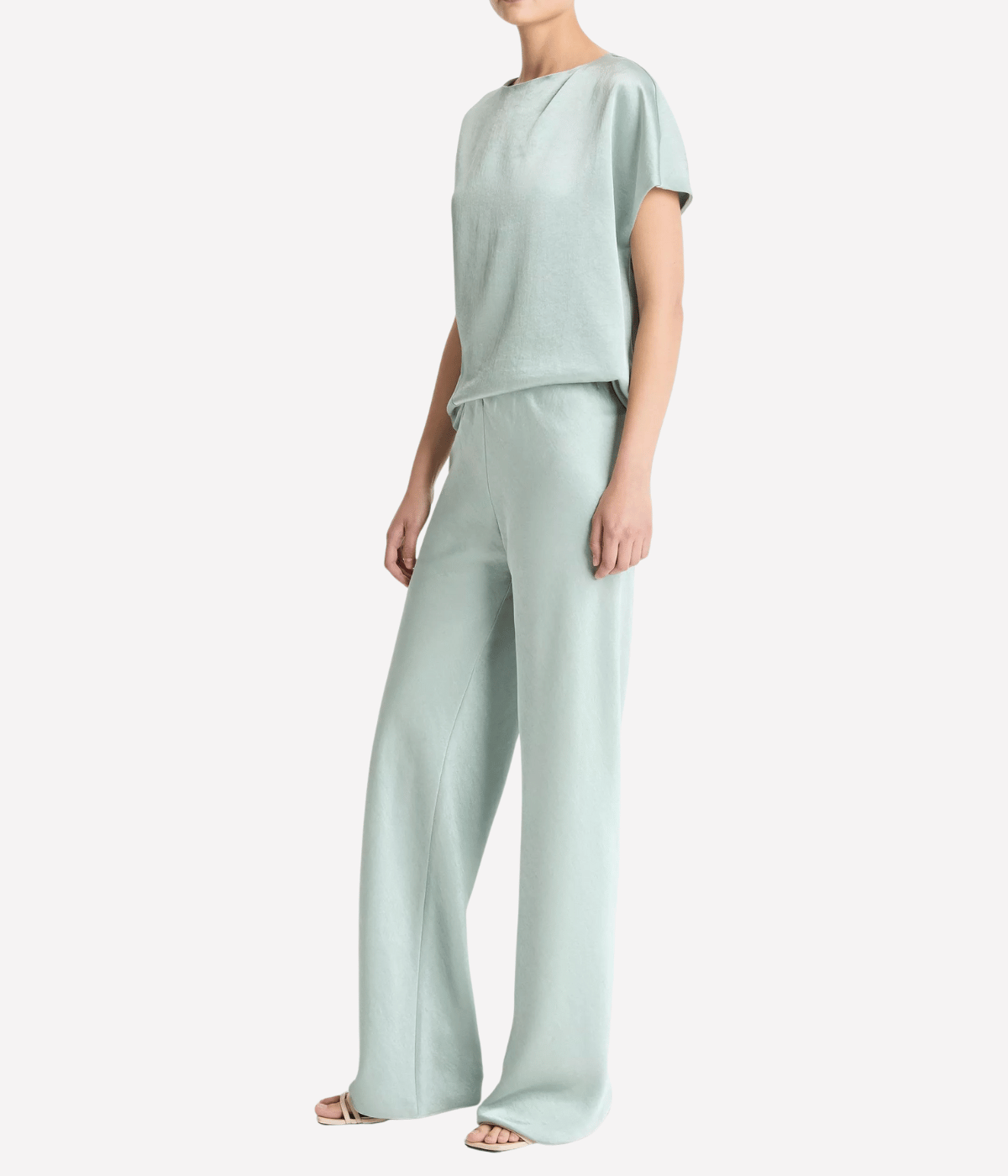High Waist Fluid Satin Pant in Aloe Stone