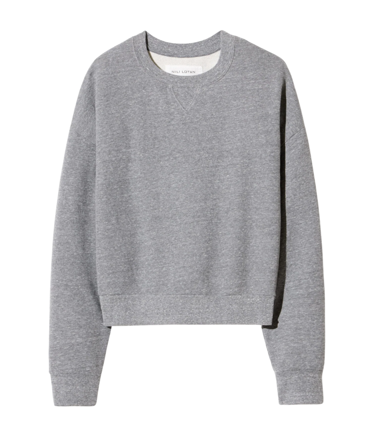 Nili Lotan Gladys Sweatshirt in Heather Grey, flat lay view of oversized crewneck pullover with ribbed hem, cuffs, and neckline