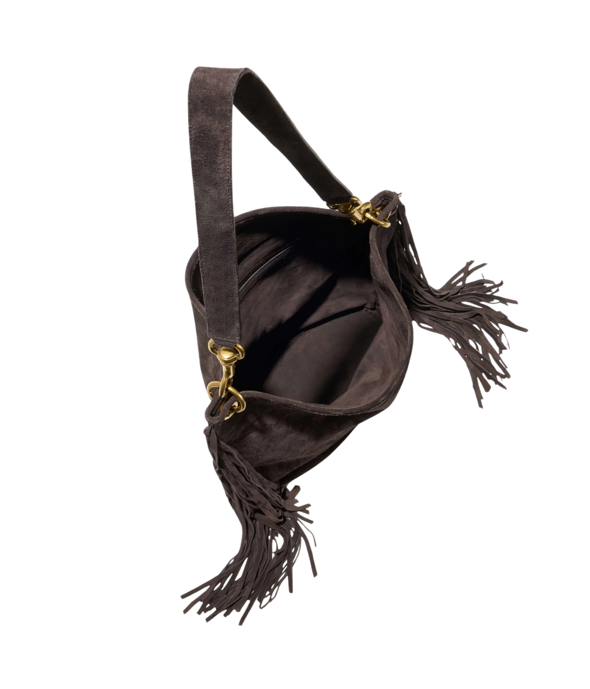 A dark brown suede shoulder bag with long fringe tassels and gold-tone hardware, shown on a plain white background.