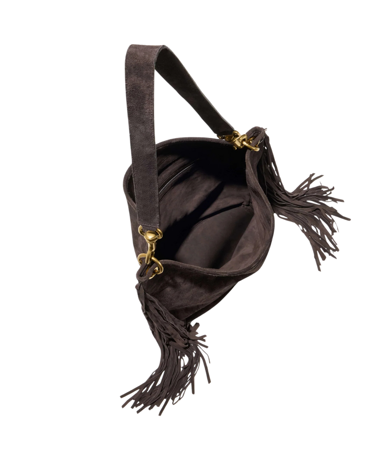 A dark brown suede shoulder bag with long fringe tassels and gold-tone hardware, shown on a plain white background.